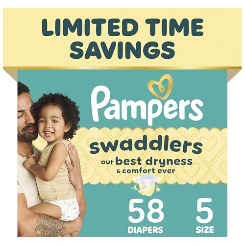 Pampers Swaddlers Diapers, Size 5 (20-37 lbs), 58 Count, Absorbent, Keeps Baby Dry and Comfortable, Skin Safe Disposable Baby Diaper (Packaging May Vary)