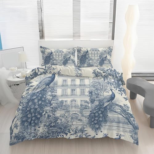 ZaopVrynx Housse de Couette 200x200 Toile de Jouy Parure de Lit Victoria Paon Rétro Adulte 2 Personnes Ensemble de Literie Réversible en Microfibre avec 2...