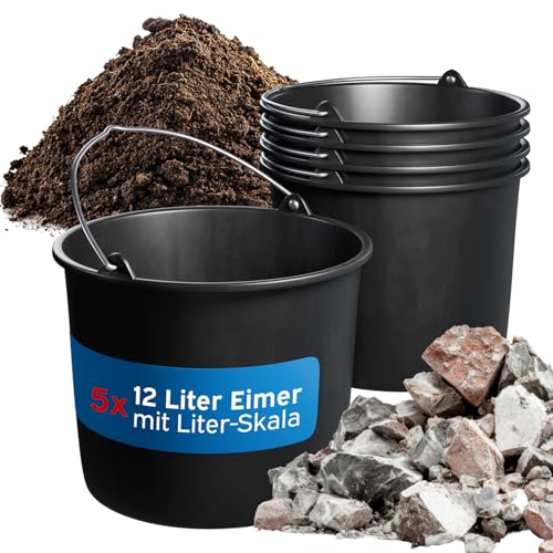 kör4u Baueimer 5er Set 12 l schwarz mit stabilem Metall-Kopfbügel runder robuster Mörteleimer aus LDPE - für BAU Garten Haushalt und Handwerk