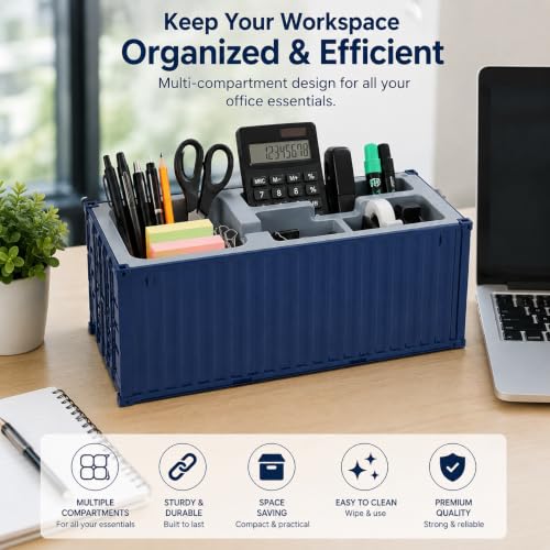 Image of Desk Organizer Office Supplies Multi Function Shipping Container Style Storage Box Pen Pencil Business Card and Remote Control Holder for Office and Home DARK BLUE 4 Section