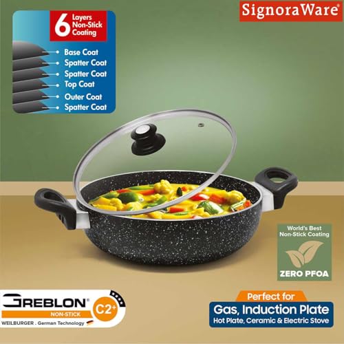 Image of Signoraware Perfecto 6 Coating Non Stick Kadhai 28cm | Gas & Induction Compatible | Low-Oil Cooking | Ergonomically Designed | Ideal for Frying, Sauteing or Preparing Rich Curries (2.5 LTR | Steel)