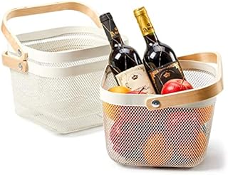 EZOWare 3-Pack White Mesh Steel Storage Organiser Basket Bin with Wood Handle Ideal for Kitchen Bathroom Pantry Cabinets Home Decor - 24 x 24 x 16 cm