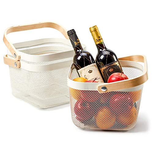 EZOWare 3er-Set Dekorative Draht Obstkorb Aufbewahrungskorb Drahtkorb aus Metallgitter mit Holzgriff für Küche, Regale, Speisekammer - Weiß, 24 x 24 x 16cm
