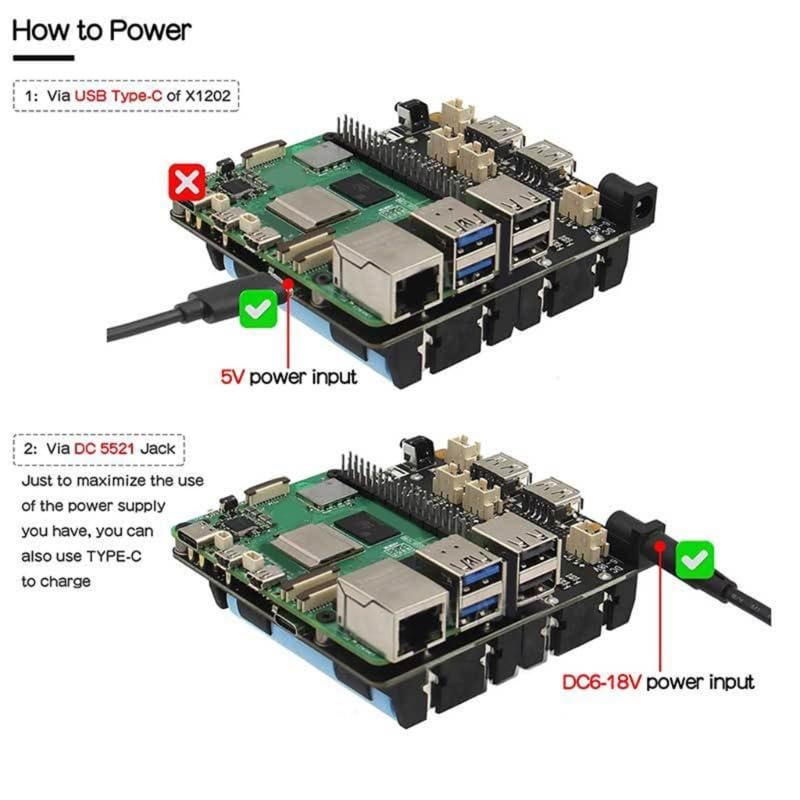X1202 UPS Power Management Board Apagado seguro para RPi 5 con monitor