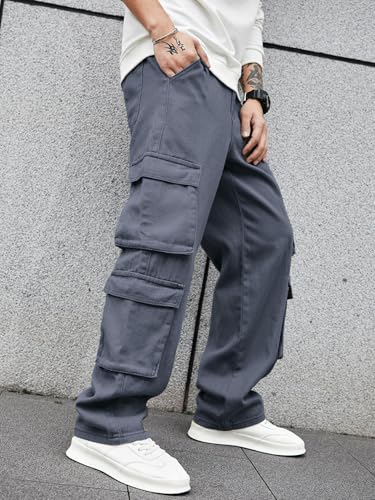 Image of Men's 8 Pocket Cargo Pants | Premium Cotton Twill Baggy Fit Trousers | Stretchable Casual Streetwear Cargos | Mid Rise