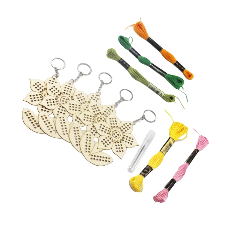 Image of TEHAUX Sunflower Cross Stitch Kit Wooden Keychain DIY Embroidery Needlepoint Set with Cotton Thread for Christmas Decoration and Craft