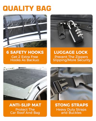 Image of Kingfun Car Rooftop Cargo Carrier- 15 Cubic Feet Waterproof Roof Bag Fit All Vehicles with /Without Roof Rack, Car Top Luggage Carrier with Anti-Slip Mat, 8 Reinforced Straps, 6 Door Hooks & Locks