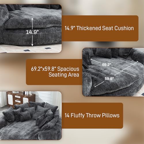 Image of 81 inch Round Sofa Bed Big Bean Bag Round Chaise Lounge Oversized Round Couch Boneless Reading Chair Plush Fluffy Chenille Large Chaise Chair for Living Room, Bedroom, Apartment, Dark Gray