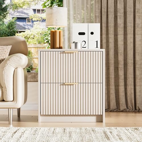 Image of Furniway Nightstands Set of 2, Fluted Nightstand with Gold Metal Handles and 2 Drawers, Modern Bedside Table, 19.6 inch Wide Wood End Table for Bedroom, Beige