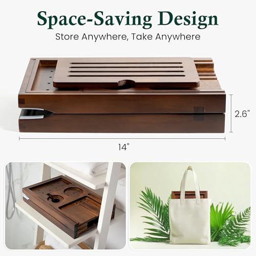 Teak-Bathtub-Tray-Caddy-Adjustable-Wood-Bath-Organizer-Rich-Brown-Wood-Finish-Built-In-Wine-Glass-Holder-Phone-Dock-Book-Stand-Water-Resistant-Seal-Spa-Design