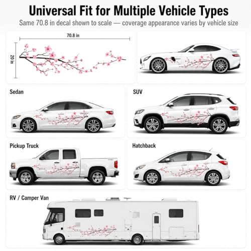 Image of 2PCS Cherry Blossom Car Decals, Large Sakura Side Vinyl Graphics for Cars, Japanese Floral Car Stickers, Waterproof UV Resistant Vehicle Door Decal Set, 70.8 x 23 in, Pink