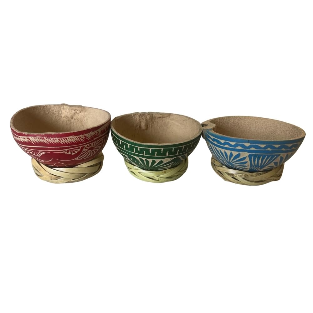 EMPORION Mezcal Jicaras Set of 3 Hand-carved Artisan Copitas from Mexico with Natural Fiber Carrizo Base for Mezcal and Tequila (3 Oz Colored)