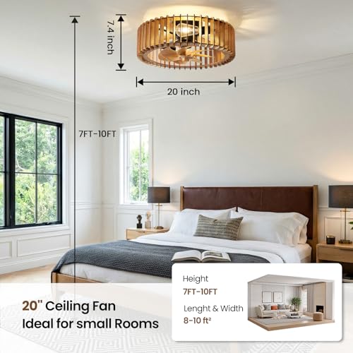 Image of 20 inch Farmhouse Wooden Caged Flush Mount Ceiling Fan with Lights, DC Motor, 6 Speeds Remote Control, Low Profile Bladeless Fandelier for Bedroom, Kitchen, Living Room