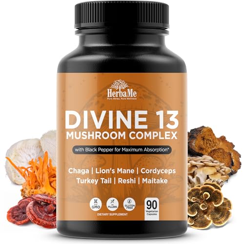HerbaMe 13 Mushroom Supplement with Lions Mane for Brain & Energy Support