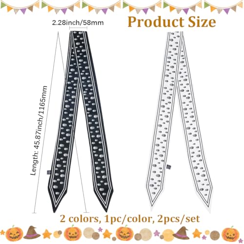 2Pcs 2 Colors Black White Skull Scarf Fashion Skeleton Pattern Neck Tie Neckerchief Versatile Handbag Handle Wrist Wrap Cover Skinny Soft Silk Headband Hair Head Scarves for Women Accessory2