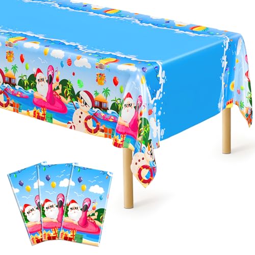 Image of QZYL 3 Pcs Christmas July Tablecloths, 51 x 86.6 Inch Waterproof Summer Christmas Tablecloth, Disposable Santa Plastic Rectangle Table Cover, for Pool Beach Indoor Outdoor July Xmas Decorations