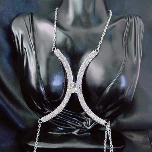 Strass sexy runde Farbe Kristall Brust Schönheit Kette Halskette Frauen Nachtclub Luxus Kristall Brustkette Schmuck Accessori-13,Silber Cover