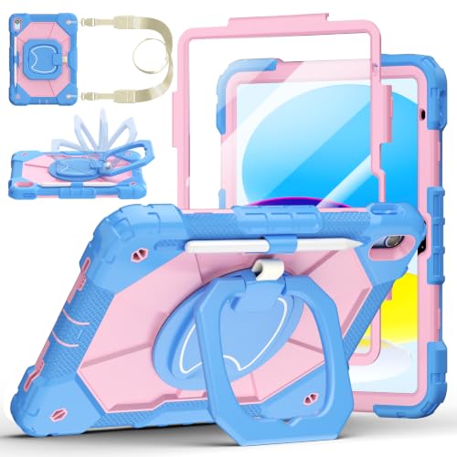 Image of Case for iPad (A16) 11th Generation 11 Inch 2025, Ubearkk for iPad 10th Generation 10.9 inch 2022 case with Screen Protector 360 Degree Rotating Stand Shoulder Strap Pencil Holder, Blue Pink