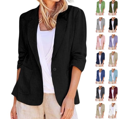 Linen Blazer Women Summer Lightweight Button 3/4 Sleeve Blazers for Women Business Casual Suit Jacket with Pockets