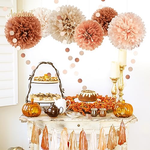 Image of AOBKIAT 28PCS Fall Party Decorations Kit with Dusty Brown Orange Khaki | Boho Retro Style with Paper Pom Poms,Garland,Tassels for Autumn Baby Shower,Bridal Showers,Wedding,Birthday,Thanksgiving