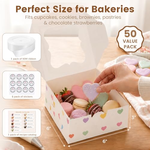 OAMCEG 50 Pack Cookie Boxes with Window, 6x6x3 Inch White Bakery Boxes for Desserts, Donuts,Cookies, Heart-shape Take-out Treat Boxes for Party & Wedding, Gifts by OAMCEG - Used condition - Image 2