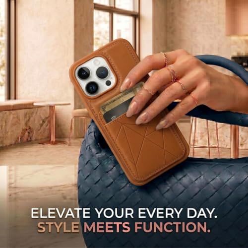 Image of amazon basics Premium Vegan Leather Back Cover with Card Holder and Integrated Mobile Stand for iPhone 16 Pro - Slim Shockproof Wallet Case with Geometric Stitching [Tan]