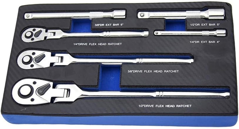6-Piece Head Ratchet Set, 1/4 3/8 1/2 Inch Drive, 72-Tooth Quick-Release Swivel Extension Bar Kit Tight, Steel