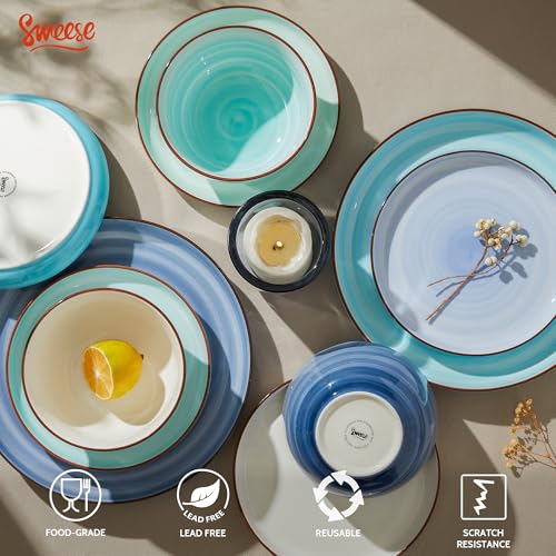 Image of Sweese Plates and Bowls Sets, 18 Piece Dinnerware Set Porcelain Round Dinner Set for 6, Scratch Resistant Dishes Set, Dishwasher and Oven Microwave Safe Handpainted Swirl Dishware Sets, Assorted Blue