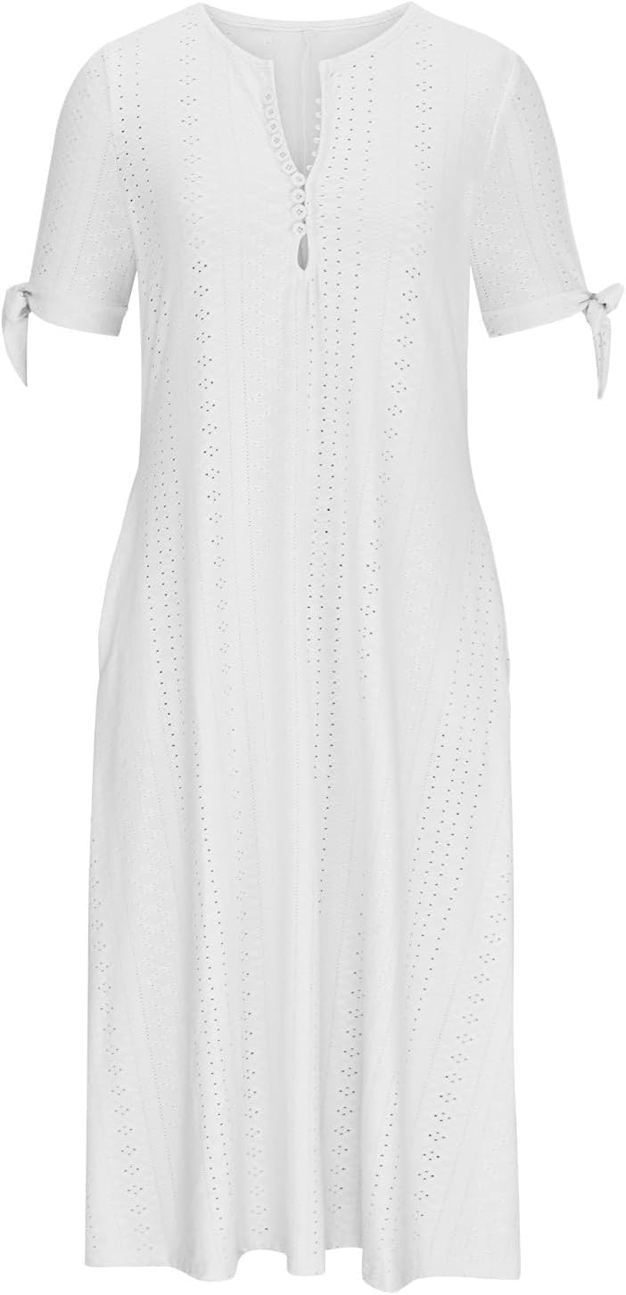 Boho Eyelet Long Dress for Women 2025 Summer V Neck Short Sleeve Flowy Casual Beach Vacation Sundress Pocket Dresses
