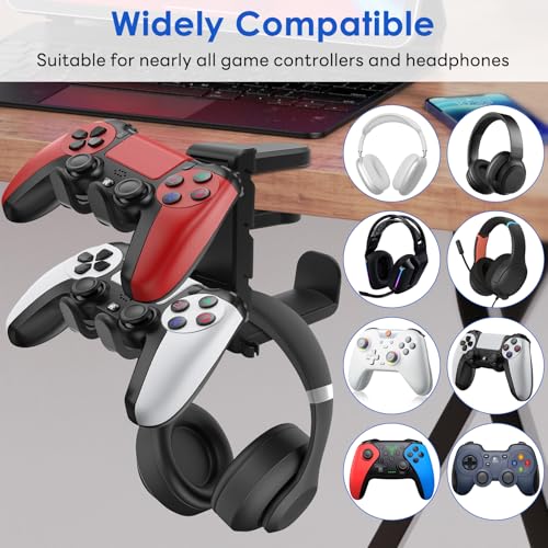 OBYCPIN 2-in-1 Headphone & Controller Holder - Underdesk Clampable Headset Holder 360° Rotatable with Cable Clip, Double Shelf for PS5 / Xbox / Switch / PC Gaming, Non-Slip, Black - Image 8