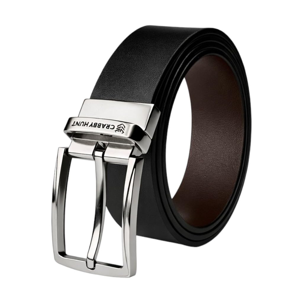 crabby hunt Men's Genuine Leather Reversible Belt with Mild Silver Buckle, Black and Brown, Pin Buckle Closure, 0.35cm Thickness-picture-15