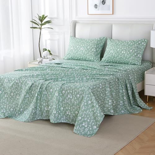Image of Viviland Sage Green Twin Sheet Set - 4 Piece Vintage Green Flower Patterned Bed Sheets - Soft, Breathable Microfiber Floral Sheets with Deep Pocket, Non-Slip Fitted Sheets & Pillowcases