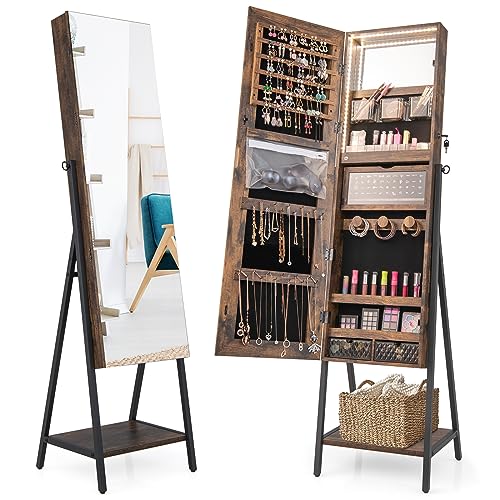 COSTWAY LED Full Length Mirror Jewelry Cabinet, Standing Jewelry Organizer