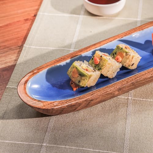 Image of Snack Attack Serving Platter | Acacia Wood Multipurpose Platter for Snacks, Fruits & Desserts | Vibrant Blue Decorative Tableware for Home & Kitchen