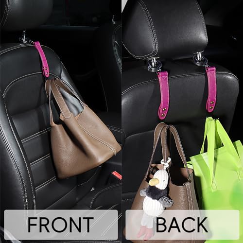 Image of 2 Pack Car Hook Holder Leather Headrest Hooks for Purses and Bags,SUS304 Car Hook(Rose Red)