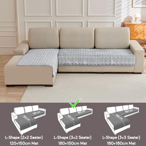 Image of HOKIPO Bellelace Velvet Sofa Cover L Shape 5 Seater Mat, 3+2, Cloud Grey