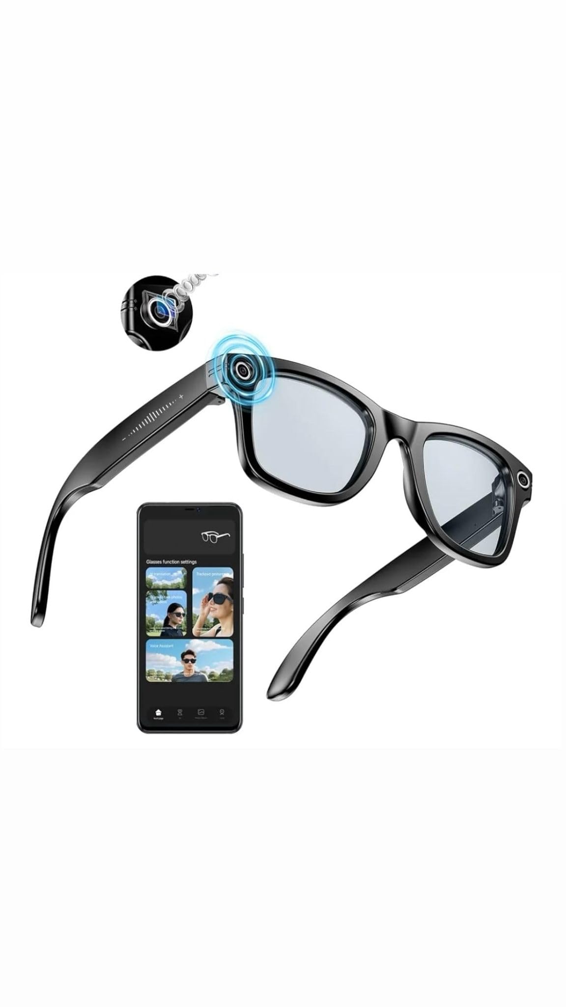 AI Smart Bluetooth Glasses with 8MP Camera for Men Women Real-Time Translation Black Built-in AI Voice Assistant Music