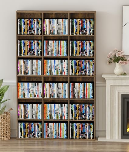 DVD Rack Tower, 9-Tier Media Storage Cabinet with Adjustable Shelves CD Storage Tower for CD Holder, Books, Games, Blue Rays, Rustic Brown