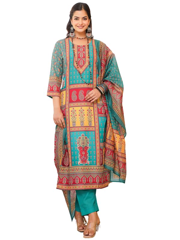 Women's Blue Rayon Printed Straight Kurta Pants With Dupatta Set | Festive Straight Kurta Set For Women | Printed Salwar Suit For Women-image-37