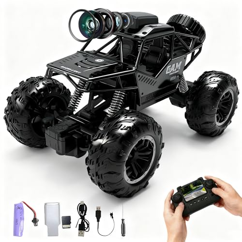 HUAJUN 2.4G RC Car with Camera, 4WD Off-Road Monster Truck, 4CH Remote Control Vehicle with Dual USB Charging Cables, Real-Time Video Photo Recording, 3.7V Battery, 40M Range, Gift for Kids & Adults