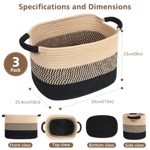 Mozvvco 3er Set Großer Aufbewahrungskorb aus Baumwollseil, Handgewebt Baumwolle Korb, Wäschekorb Organizer Körbe, Spielzeugkorb für Regal, Bad, Badzimmer, Wohnzimmer, Kinderzimmer, Khaki-Schwarz