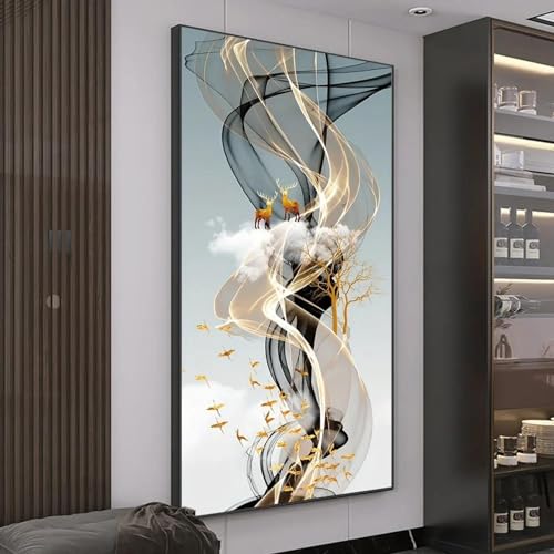 Toile cerf doré arbre moderne 80x160 cm pour grand salon chic