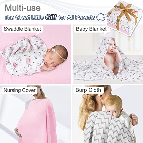 Phf 4 Pack 100% Cotton Baby Muslin Swaddle Blankets, Super Soft Breathable Comfy Baby Swaddle Wrap Set, Receiving Blanket For Infant Baby Girls&Boys, Floral/Flower/Pink/Wave #TOP2