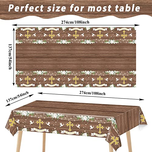 Image of 3 PCS God Bless Baptism Tablecloths - Decoration for First Holy Communion, Christening, Newborn Baby Shower Theme Supplies - Plastic Table Cover - Rustic Wood Floral Party Favors