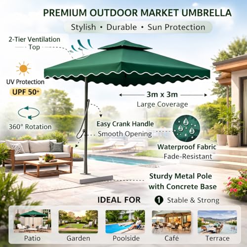 Image of 10ft Square Cantilever Umbrella with Crank | Waterproof Offset Hanging Patio Umbrella with Double Roof | Outdoor Sunshade for Garden, Balcony & Restaurant, Terrace & Poolside