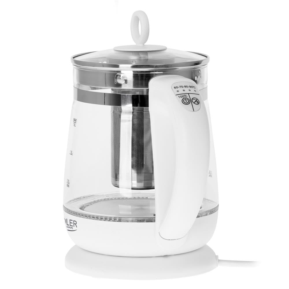 Adler AD 1299 Hervidor de Agua Eléctrico de Cristal 1,5 Litros,Infusor,Vidrio sin BPA,Retroiluminado,Regulador Temperatura 60 a 100 gradosC, Apagado Automático, Inalámbrico 360grados sin Cable, 2200W