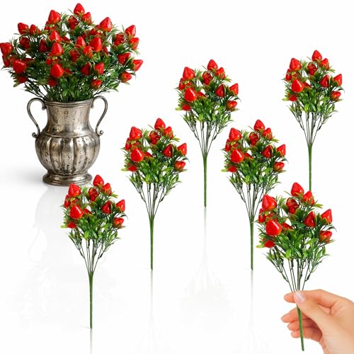 Image of DOITOOL 6 Pcs Artificial Strawberries for Decor, 11.8 inch Fake Strawberries Branches Flowers Bouquet Vivid Faux Strawberry Stems for Home Vase Table Centerpiece Spring Summer Decor