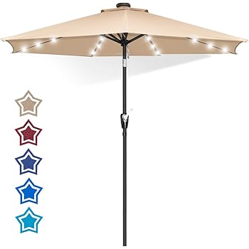 Amazon Com Fruiteam Solar Patio Umbrella Outdoor Led Umbrella 7 1 2 Ft Table Umbrella With Lights Heavy Duty Patio Umbrella With Sturdy Ribs Crank Easy Tilt Adjustment Khaki Garden Outdoor