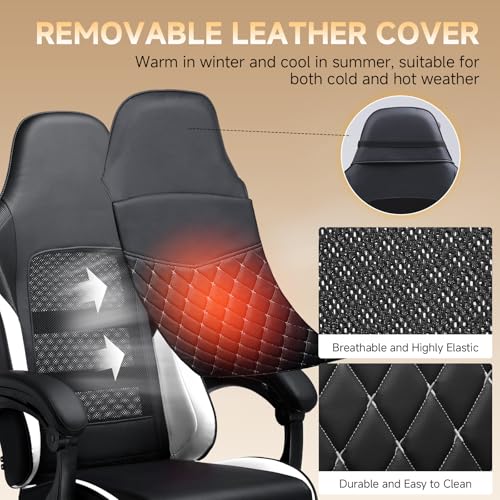 Image of GTPLAYER Gaming Chair, High Back Leather Computer Gaming Chair with Footrest, Ergonomic Height Adjustable Office Chair with Removable Cover and Lumbar Support for Gaming & Work,White