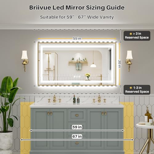 Image of 55x30 Inch LED Bathroom Mirror with Gold Frame, Backlit & Front Lit, Anti-Fog Lighted Bathroom Vanity Mirror for Wall, Memory Function, Dimmable, HD Tempered Glass, Shatter-Proof